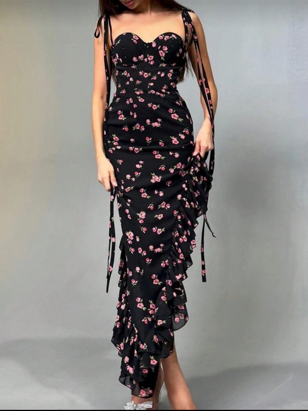Black Floral Ruffle Maxi Skirt